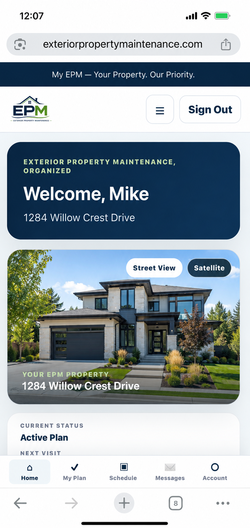 My EPM home dashboard showing a customer property