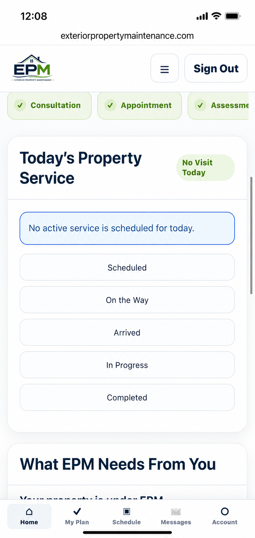My EPM today's property service status screen